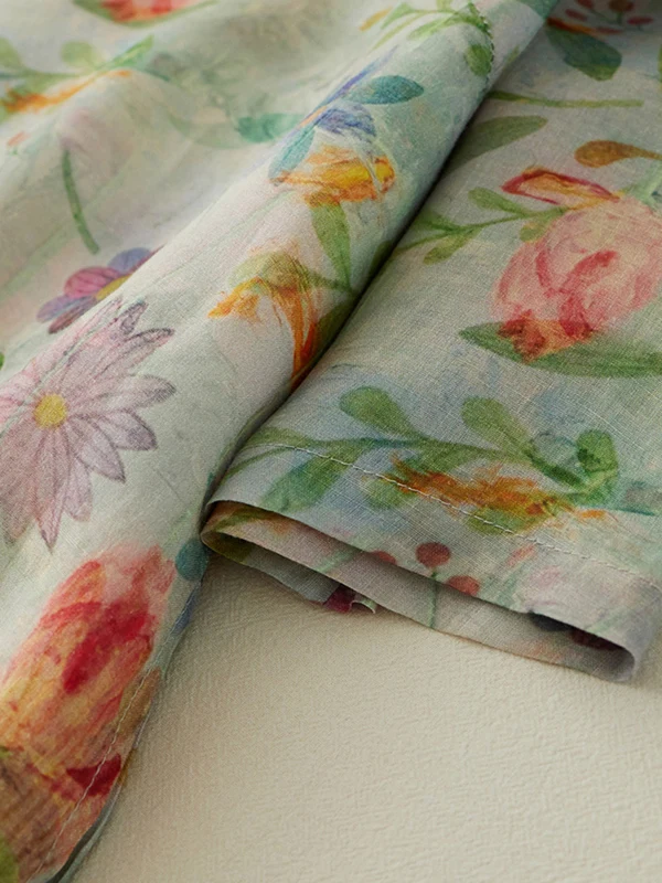 ชุดกี่เพ้าสไตล์จีนแบบใหม่ คอตั้ง ติดกระดุม ผ้าลินินพิมพ์ลายดอกไม้ ทรงวินเทจ หลวม ยาวปานกลาง ผ้าคอตตอนผสม ทรงเอ