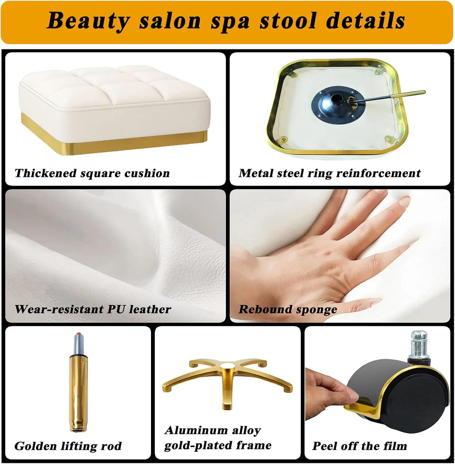 Taburete Rodante Ajustable Dorado con Ruedas para Salón, Spa u Oficina, Estructura Resistente