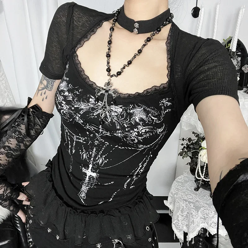 IMU Gothic Style Short Sleeve T-Shirt Lace Trim Cross Print Aby Top Women's Fashion Thickened Summer Season Chinese Made Stick F