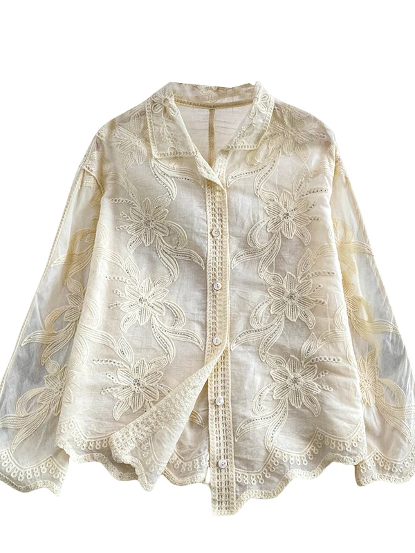 Ele renda gancho bordado pérola botão gola solta feminina irt proteção solar topo para outono inverno uso diário