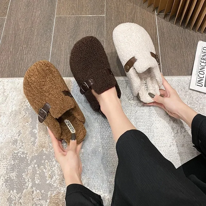 

High Quality Lamb fur slippers women round toe buckle belt plush pantuflas female cork winter slides shoes woman furry slippers