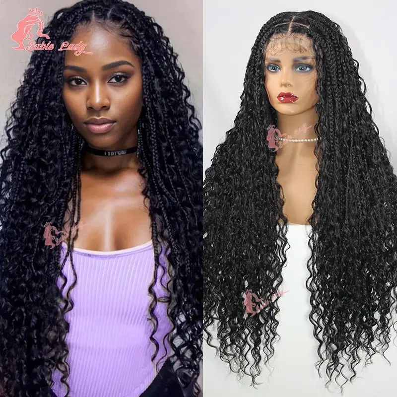 Synthetic Long 32 Inch Bohemian Curly Full Lace Front Braided Wigs Knotless Box Braid Wig Women Locs Goddess Cornrows Braids Wig