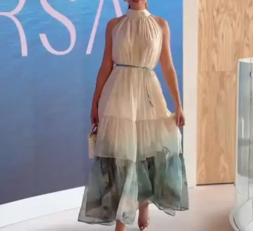 Verão feminino estilo francês em torno do pescoço sem mangas tie dye vestido diário usar mulher em camadas babados moda doce a linha vestidos