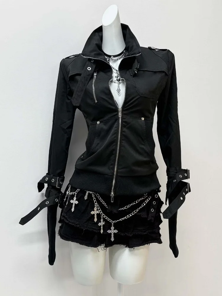 Y2K White Jacket Stand Collar Full Zip Multi Metal Buckle Straps Design Slim Fit Goth Techwear Dark Streetwear Party Outerwear