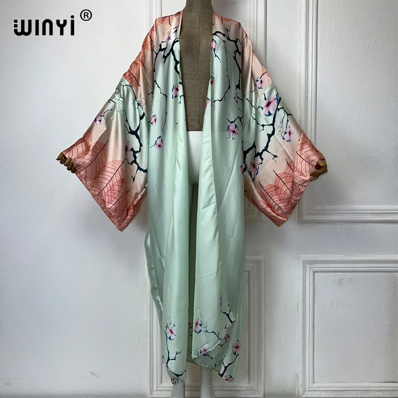 WINYI print Kimonos loose dresses for woman loose Cardigans beach outfits kaftan bikinis cover up evening dress long down coat