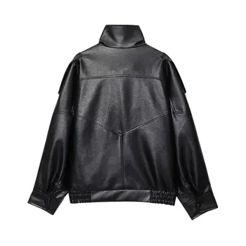 TFMLN Chic Black Faux Leather Jackets Women Long Sleeve Buttons Elastic Oversized Coats Fashion 2025 Autumn Winter Streetwear 4