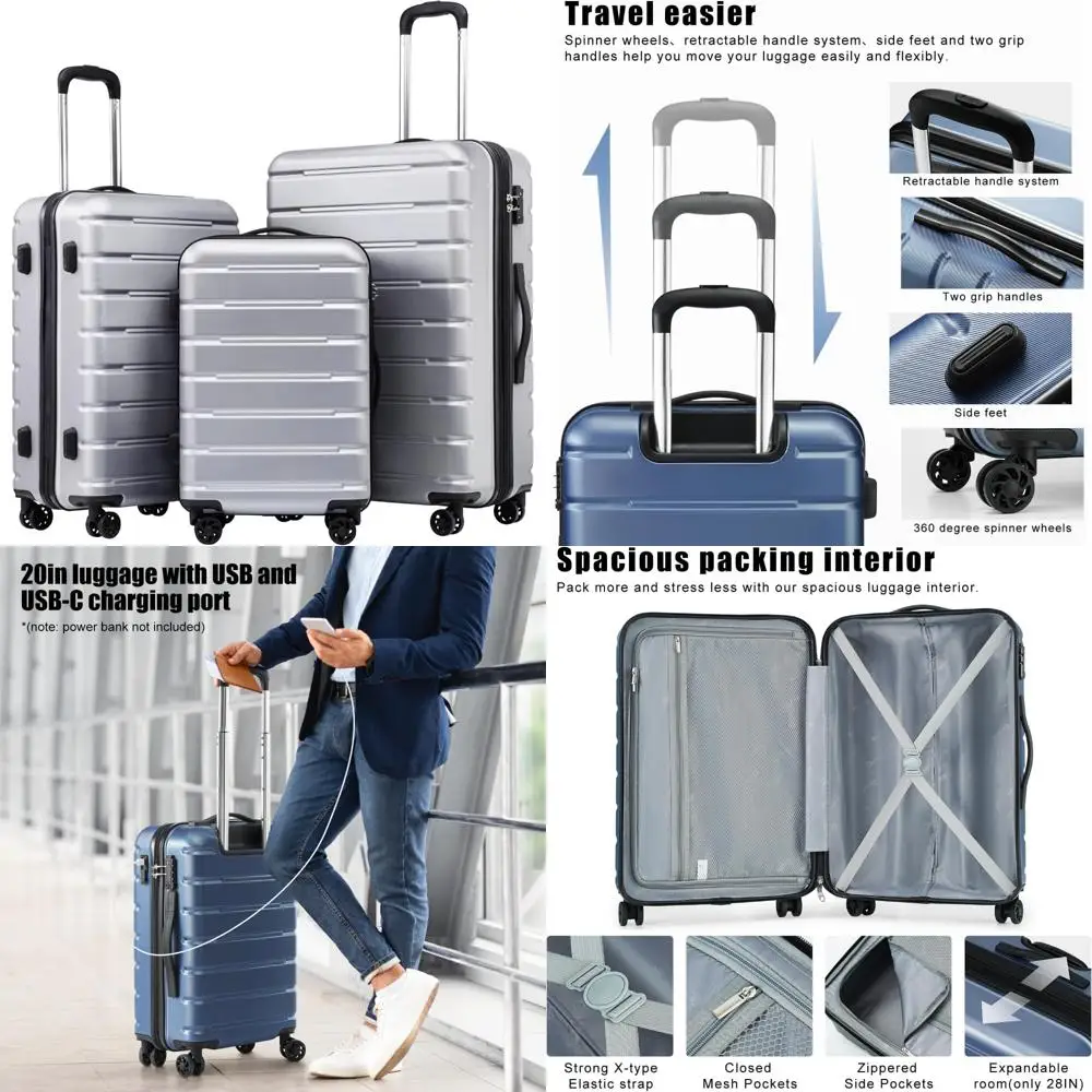 

ручная кладь Spinner tsa lock с USB-портом, расширяемый легкий твердый чемодан, 28 дюймов, набор из 3 предметов, серебристый