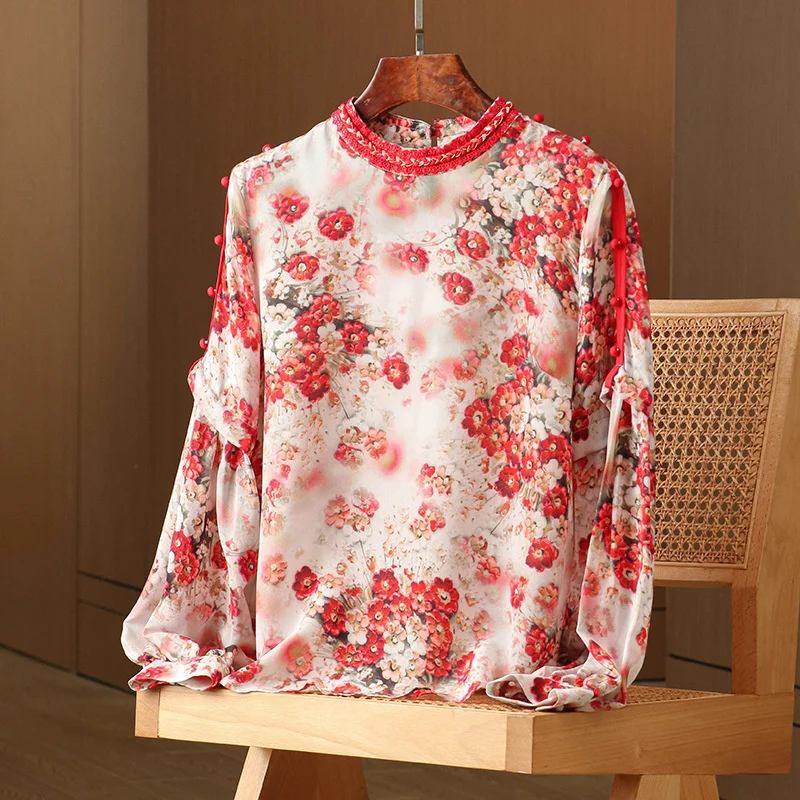 

2023 New Spring and Summer Women's Fashion Temperament Heavy Silk Full of Flowers National Wind Long-Sleeved Shirt Top Female X1