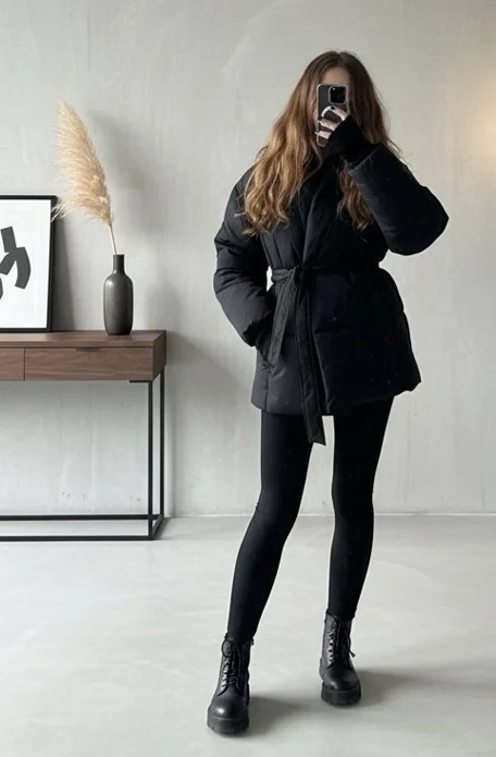 Women Black Wrap Collar Puffer Coat  Waist Belt Tie Slim Quilted Padded Warm Coats  Winter Fashion Versatile Chic Street Wear