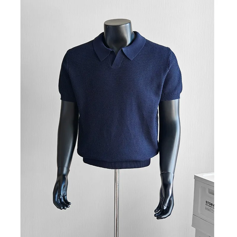 Seagull Collar Texture Knitted Short Sleeved Polo Shirts Men Summer Ice Silk Business Social T-shirt Versatile Casual Polo Shirt