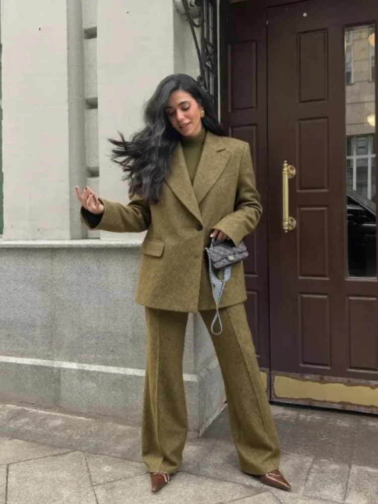 Blazer di lana Pantaloni Abiti da donna Risvolto Un bottone Maniche lunghe Spalline Set Donna 2025 Autunno Inverno Moda Solid Outwear