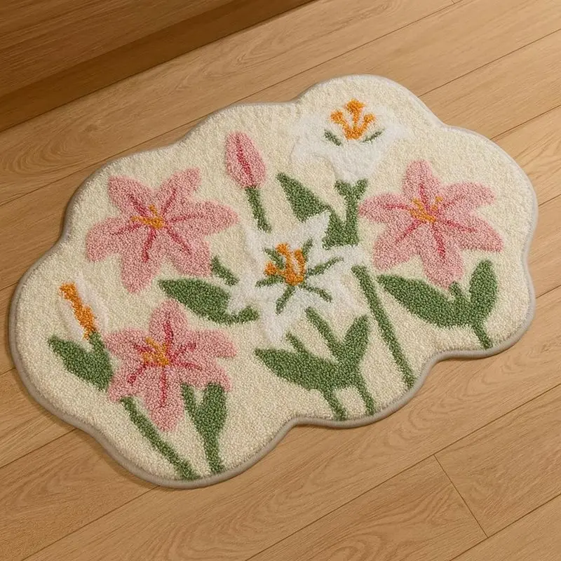 VIKAMA Sunflower Tulip Bath Mat Irregular Shape Blue Floral Non Slip Soft Plush Bathroom Rug Absorbent Floor Mat for Shower Tub