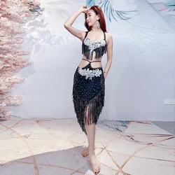 Belly Dancing Performance Set Customized Light Luxury Rhinestone Top+Sexy Split Tassels Skirt 2pcs Women Oriental Dance Clothing