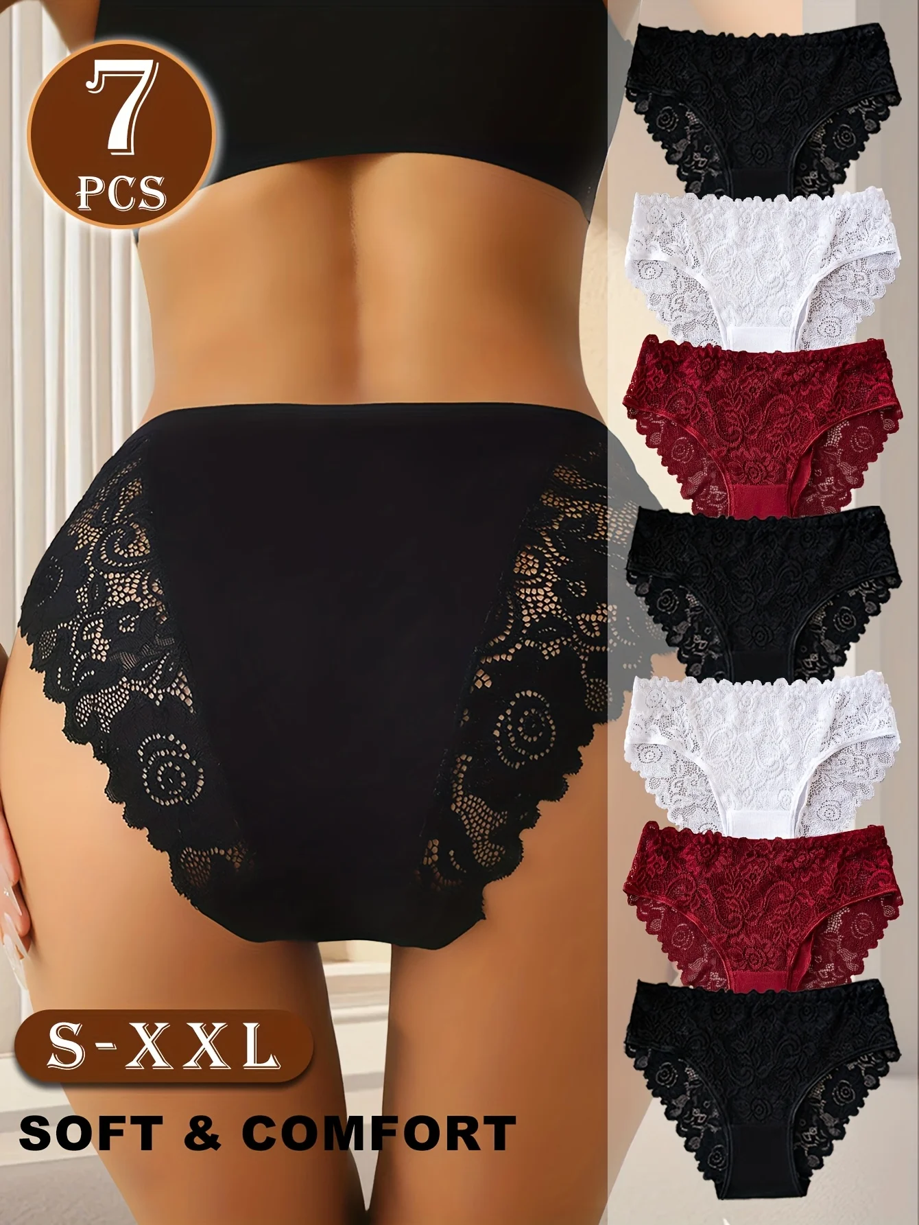 7-Piece Women's Floral Lace Fashion Lingerie - Soft, Stretchy, Comfortable and Breathable Panties, Available in S-XXL Sizes