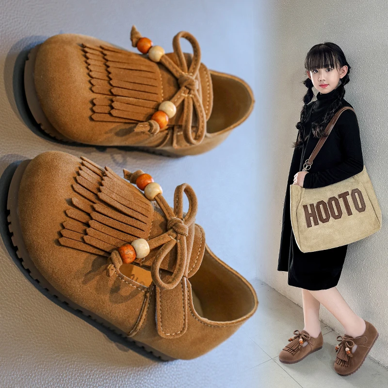 

Kids Shoes for Girls Leather Tassels Single Shoes Soft Sole Barefoot Shoe 2025 New Autumn Fashion Toddler Kids Sneakers