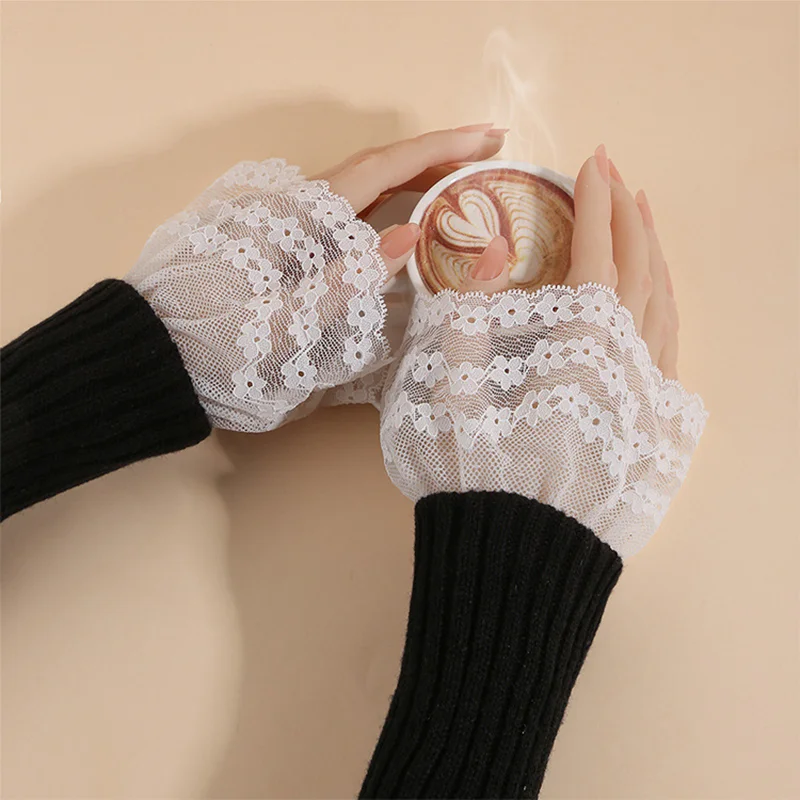 

Lace Floral Ruffled Wrist Cuffs Detachable Stretchy Decorative Hand Sleeves Elastic Bracelet Wristband Lolita Clothing Accessory