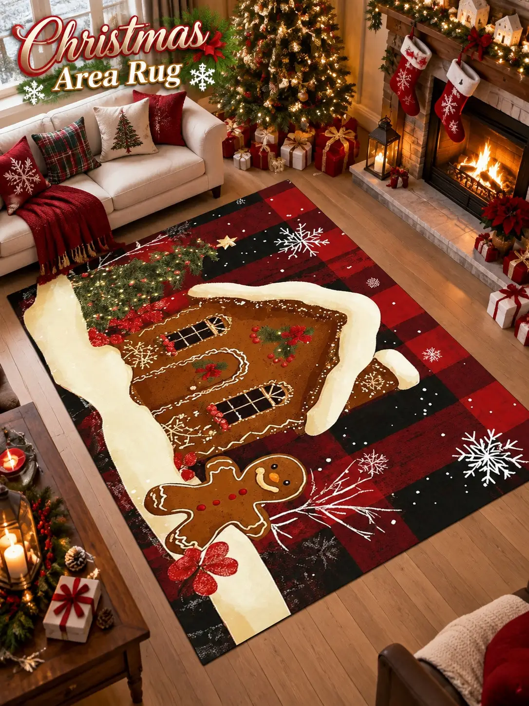 Christmas Rug Gingerbread House Cookies Plaid Living Room Bedroom Entryway Hallway Floor Carpet Gift for Family Friends Neighbors Winter Thanksgiving Birthday Anniversary Housewarming Apartment Cabin Farmhouse Home Styling Sofa Side Reading Nook