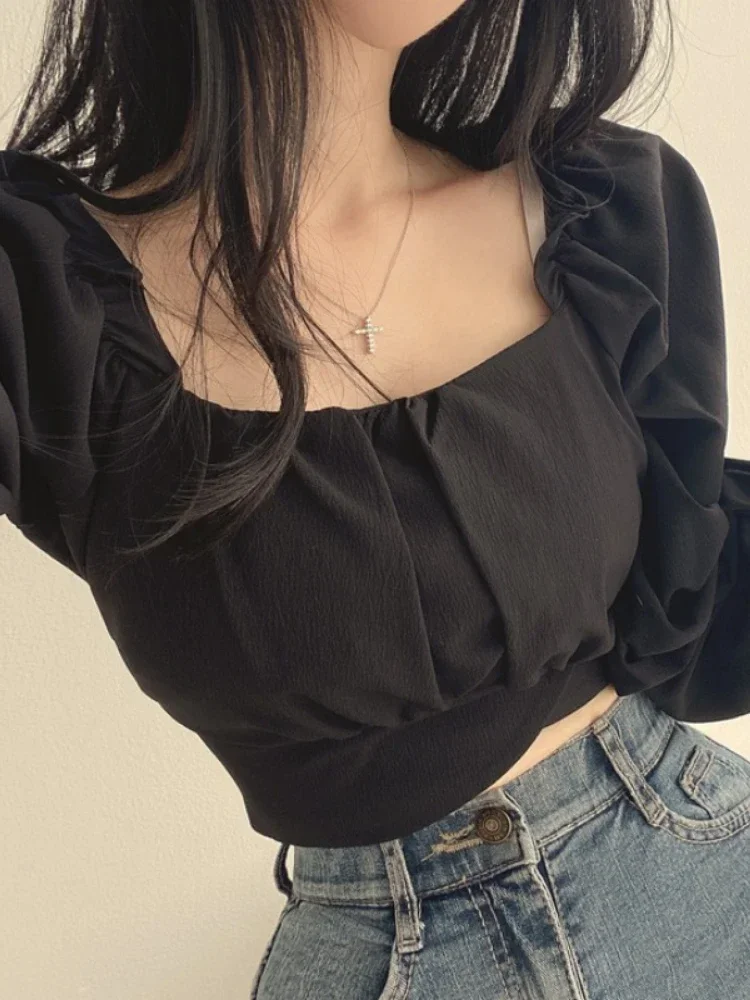 Elegant French Style Blouse Women Spring Puff Sleeve Square Collar Crop Top Korean Fashion Preppy Style Sweet Bow Bandage Shirts