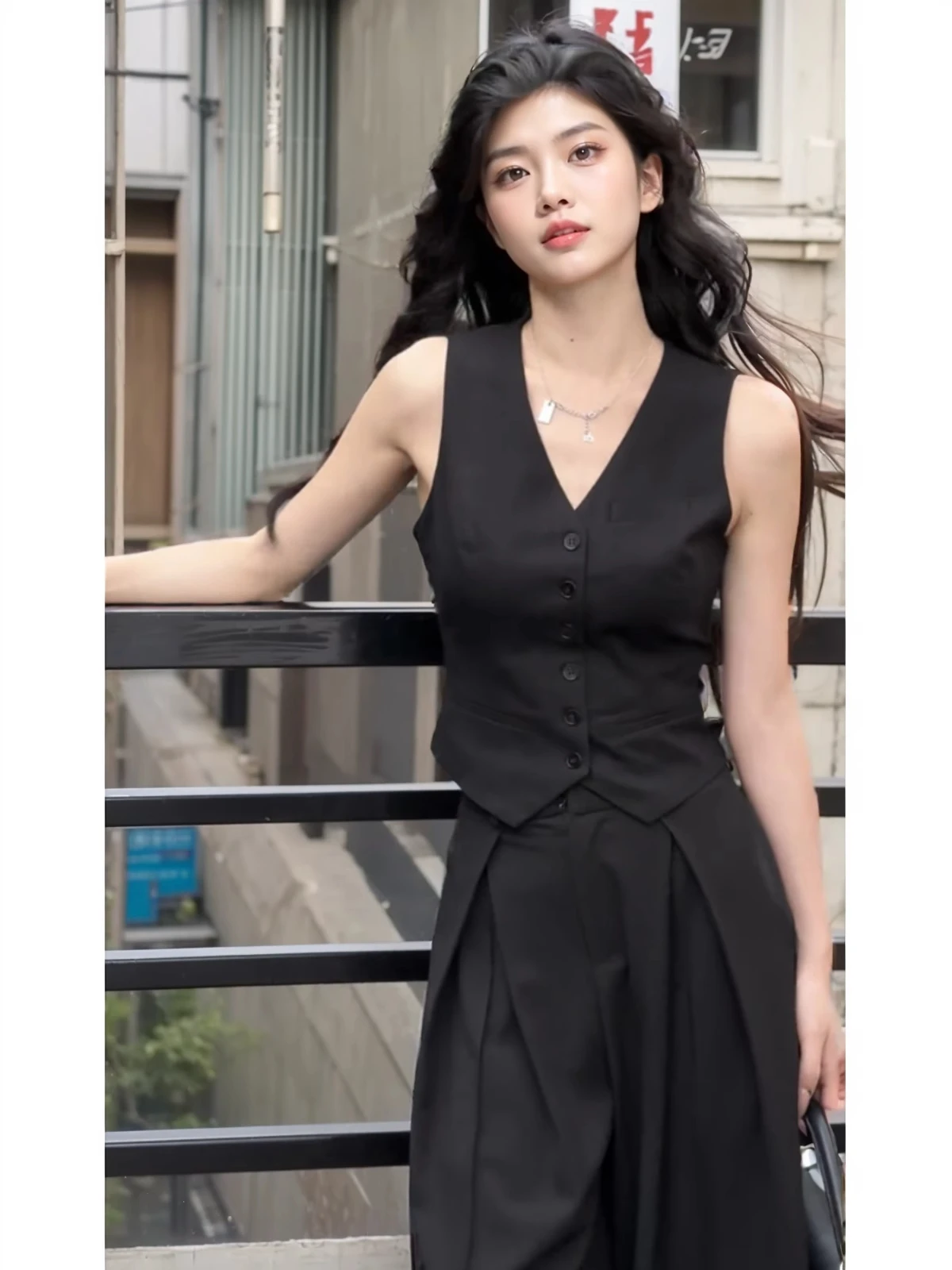 طقم بدلة تنحيف صيفية للسيدات من Faionable Street Sle مع سترة وسراويل واسعة الساق مكونة من قطعتين بأزرار لأعلى على شكل حرف V Ne