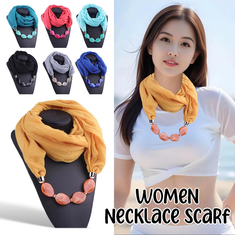 

Women Necklace Pendant Scarf Soft Cotton Linen Ethnic Style Resin Pendant Necklace Scarf Lady Beach Travel Clothing Accessories