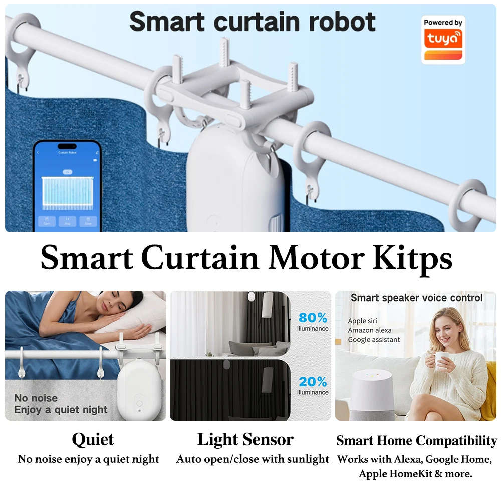 Tuya Zigbee Smart Curtain Robot, Opener & Closer for U/T Rails, App Voice Remote, Works with Alexa Google Home Smart Life