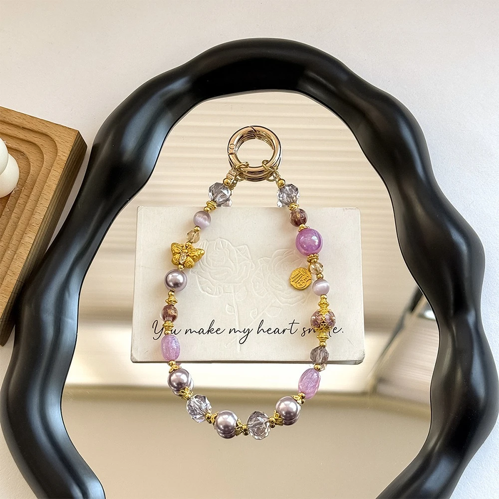 

Vintage Gold Butterfly Phone Lanyard Lucky Tag Pearl Charm Beaded Keychain Chinese Style Bag Pendant Luxury Wrist Strap