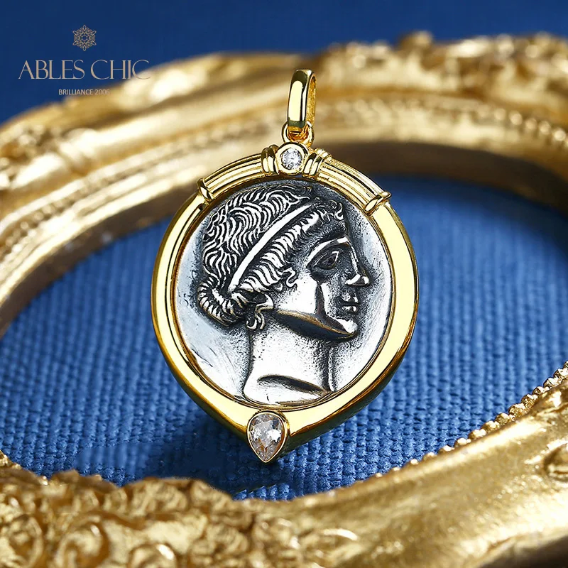 Ables Chic Amazon Warrior Greek Silver Coins Charm Solid 925 Silver Roman Coin CZ Accent Pendant Only N1018