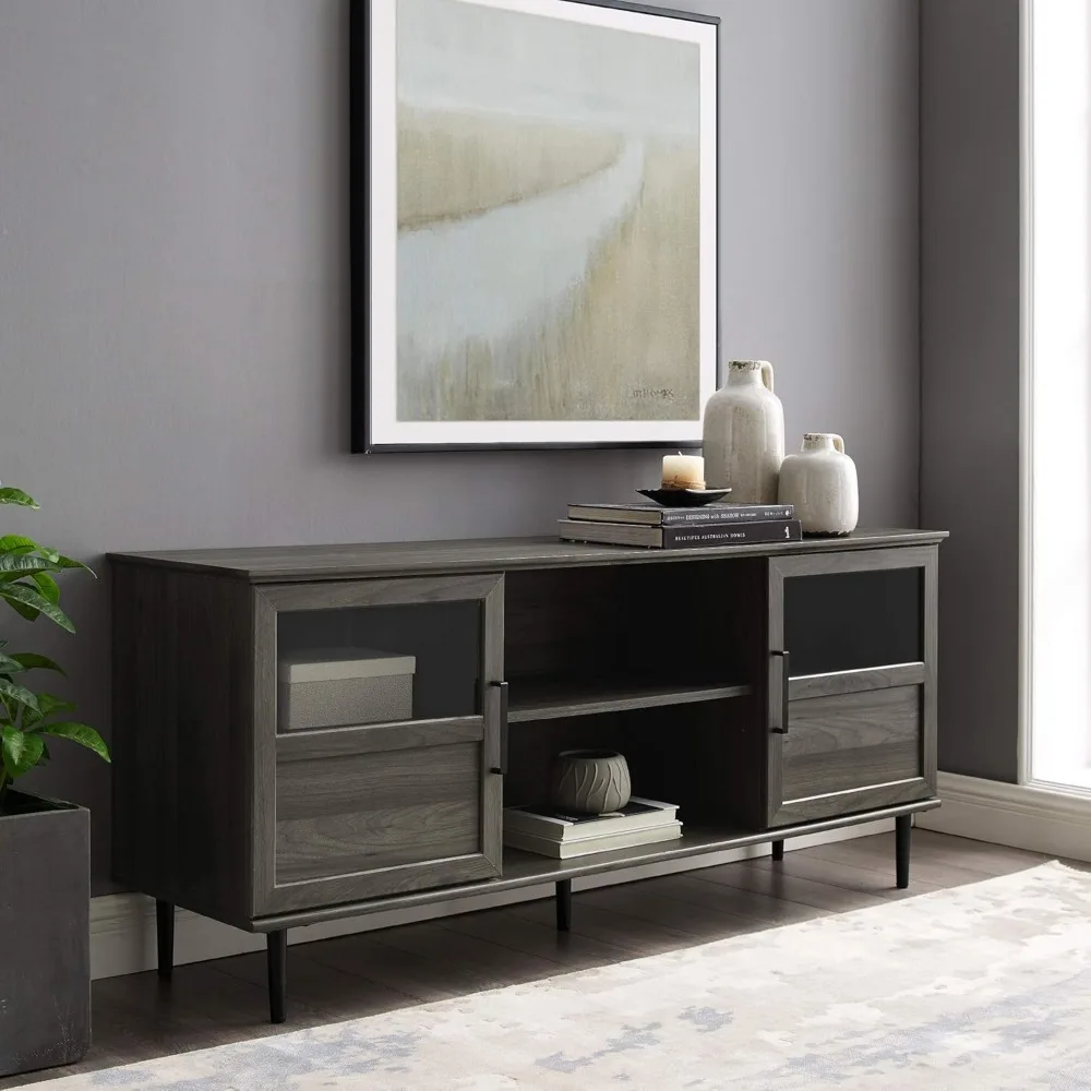 

Edison Modern Farmhouse Wood and Glass TV Stand with 2 Cabinet Doors for TV's up to 65 Flat Screen Universal TV Console L