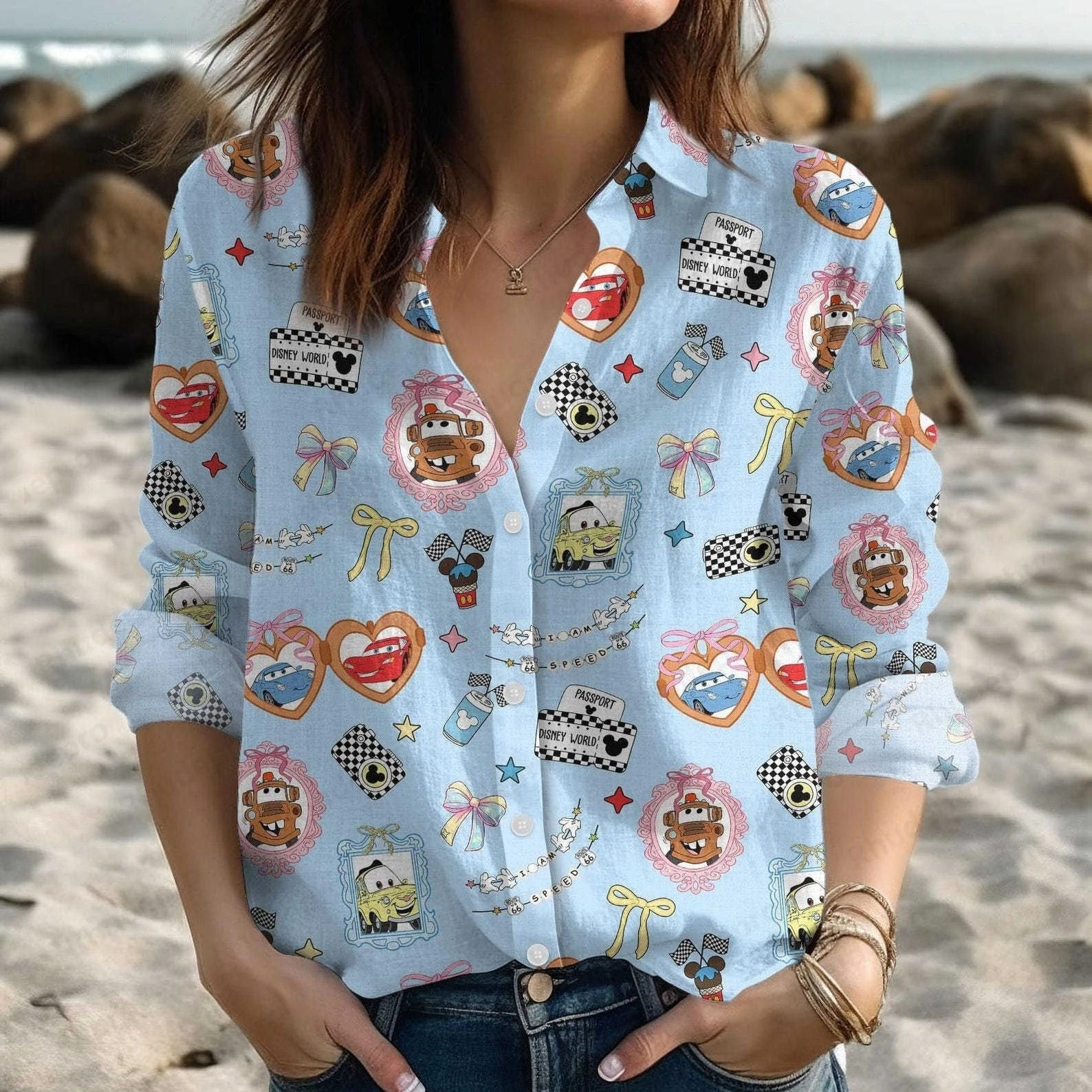 

Disney Cars Lightning McQueen Hawaii Women's Shirt Summer Long Sleeves Button Shirt 3D Print Fashion Casual Y2K Women's T-Shirt