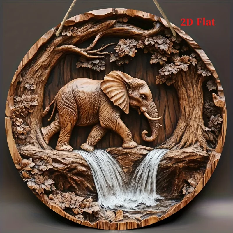 Vintage Wooden Elephant in Forest Waterfall Scene High-Definition Metal Tin Sign – 2D Flat Products Design with Enhanced Depth &