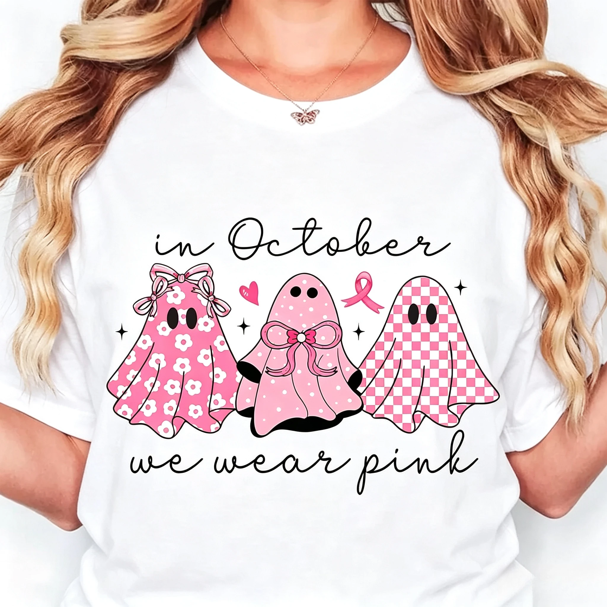 Trendy Pink Floral Checkered Dot Ghost Print Womens T Shirt Casual Short Sleeve Top for October Theme Daily Street Holiday Wear