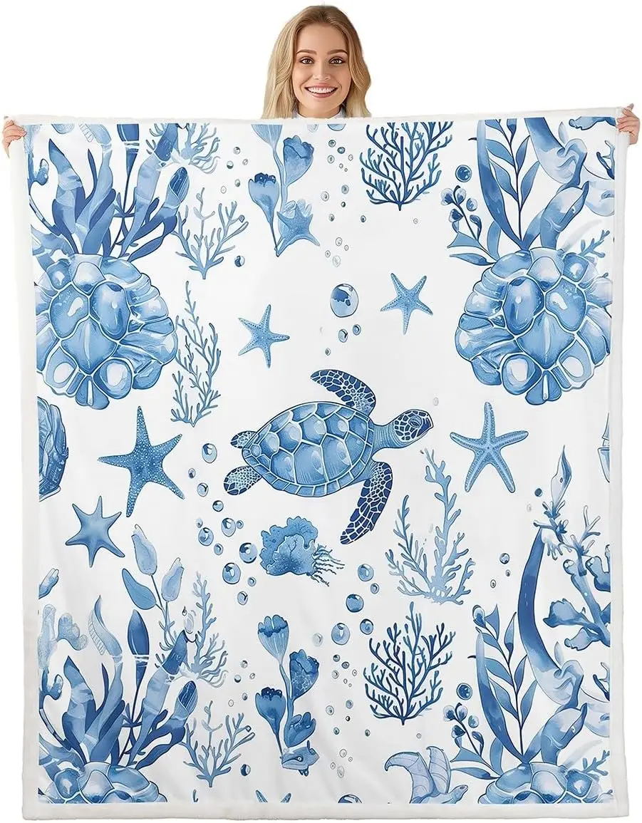 Cozy Blue Ocean Sea Life Fleece Throw Blanket Polyester for Couch Bed Coastal Nursery Decor Beach Gift Tropical Sea Turtle Print