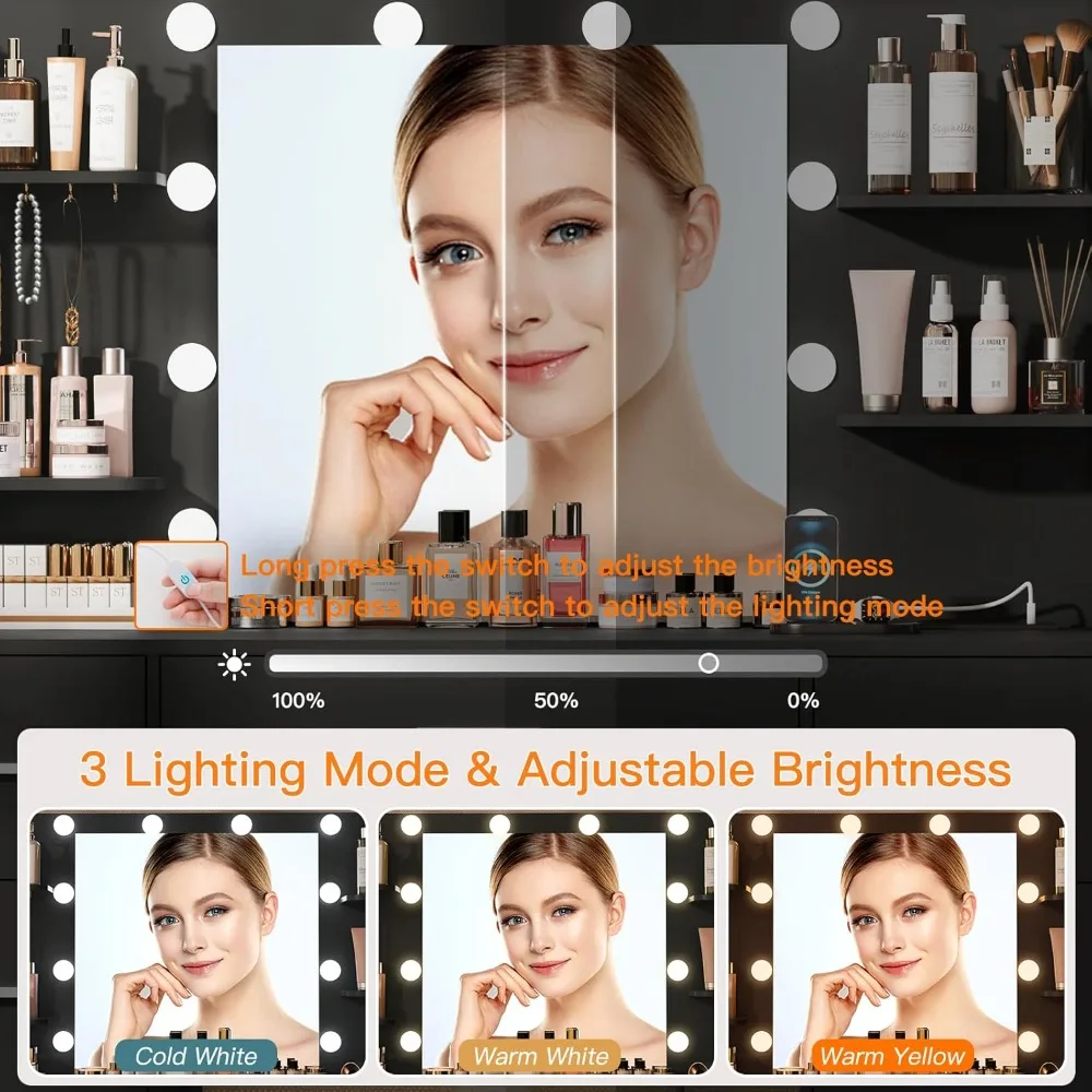 Meja Rias Besar dengan Cermin Berlampu LED & Stopkontak, Meja Rias dengan 7 Laci, 4 Rak, dan 5 Pengait, Meja Rias