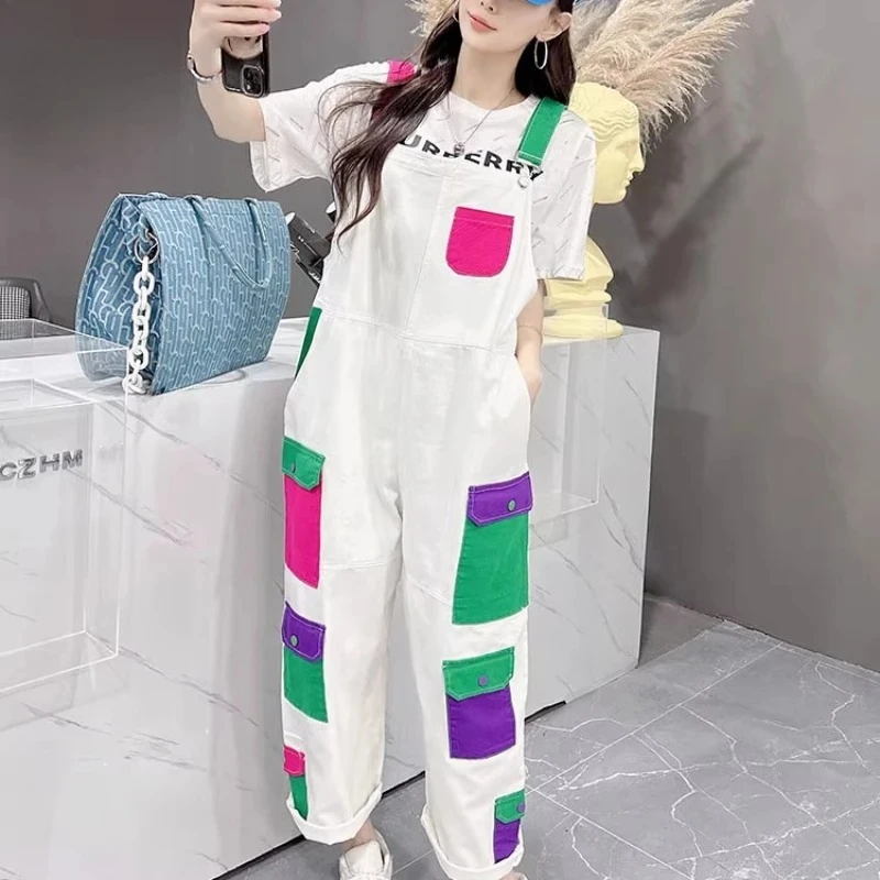

White Denim Overalls with Color Block Pockets - Loose Fit & Vibrant Patch Design, Casual Y2K Style Jumpsuit for Daily Wear