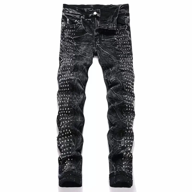 2026 Punk Y2K Style Rivet Design Black Slim Jeans Pants For Men Clothing Streetwear New Rock Cotton Long Trousers Ropa Hombre