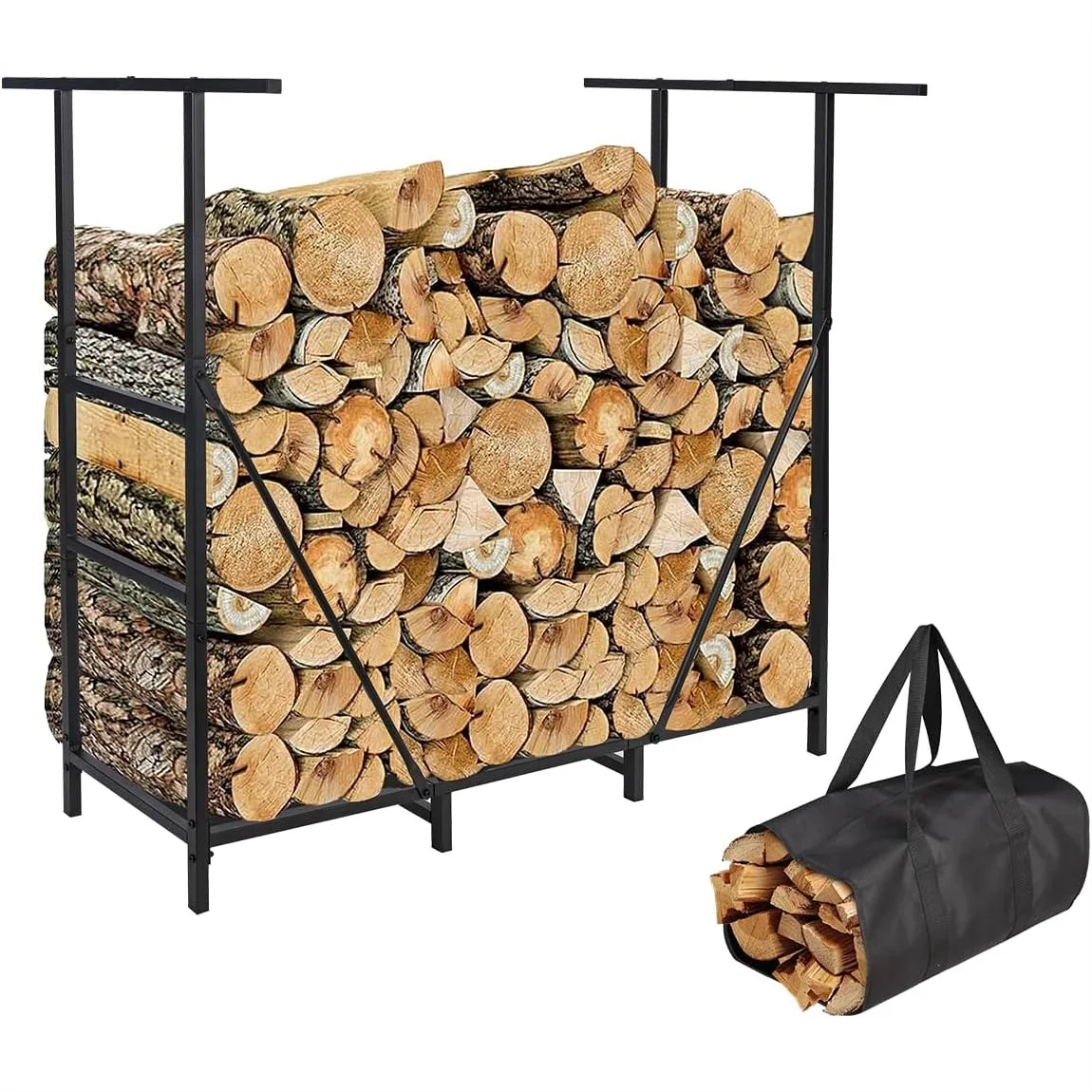 

Firewood Rack Outdoor 4FT with Waterproof Carrier Bag, Adjustable Heavy Duty Steel Log Holder for Fireplace, Fire Pit, Backyard