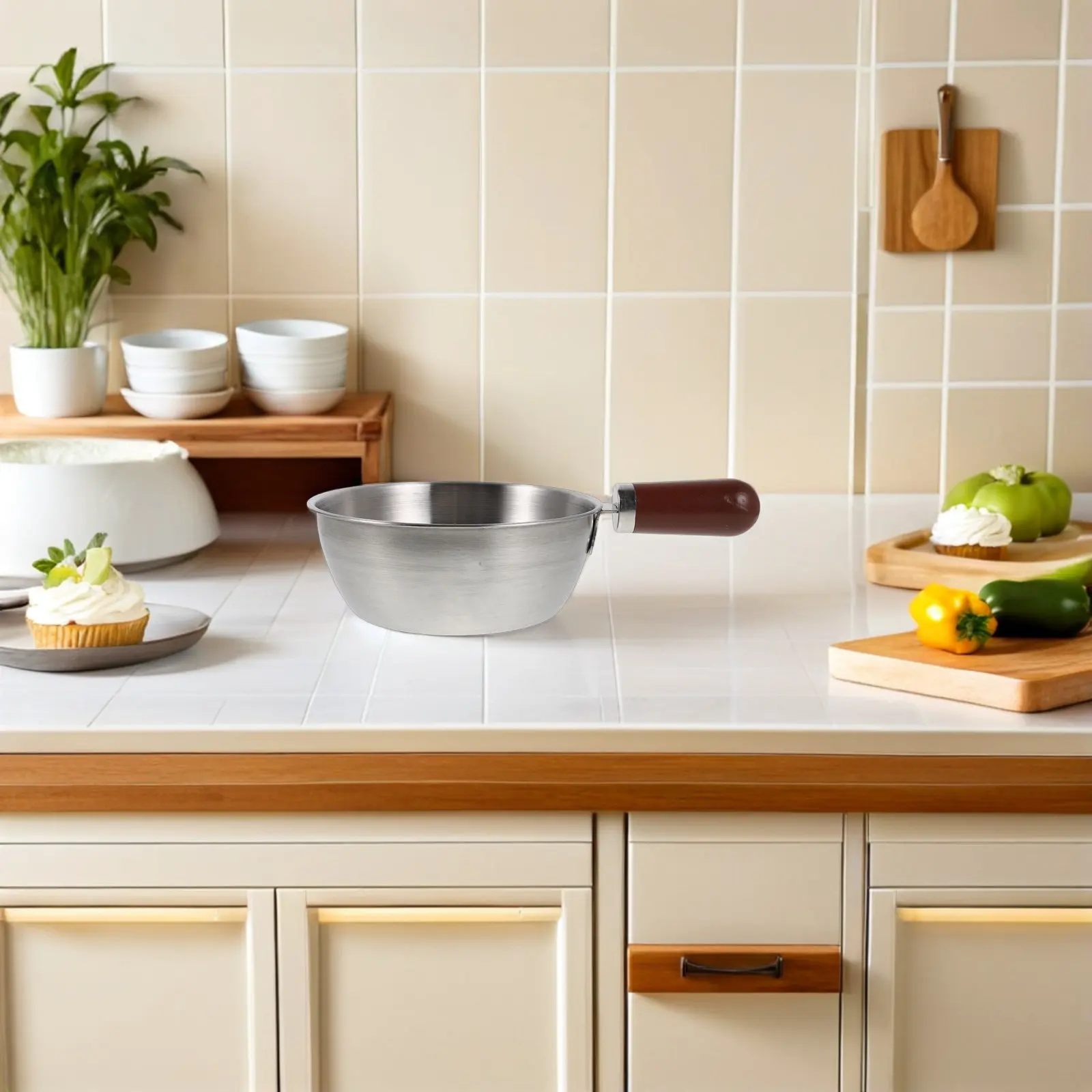 Handcrafted Stainless Steel Small Serving Bowl Featuring Genuine Wood Handle Lightweight Ergonomic Design for Daily Cooking