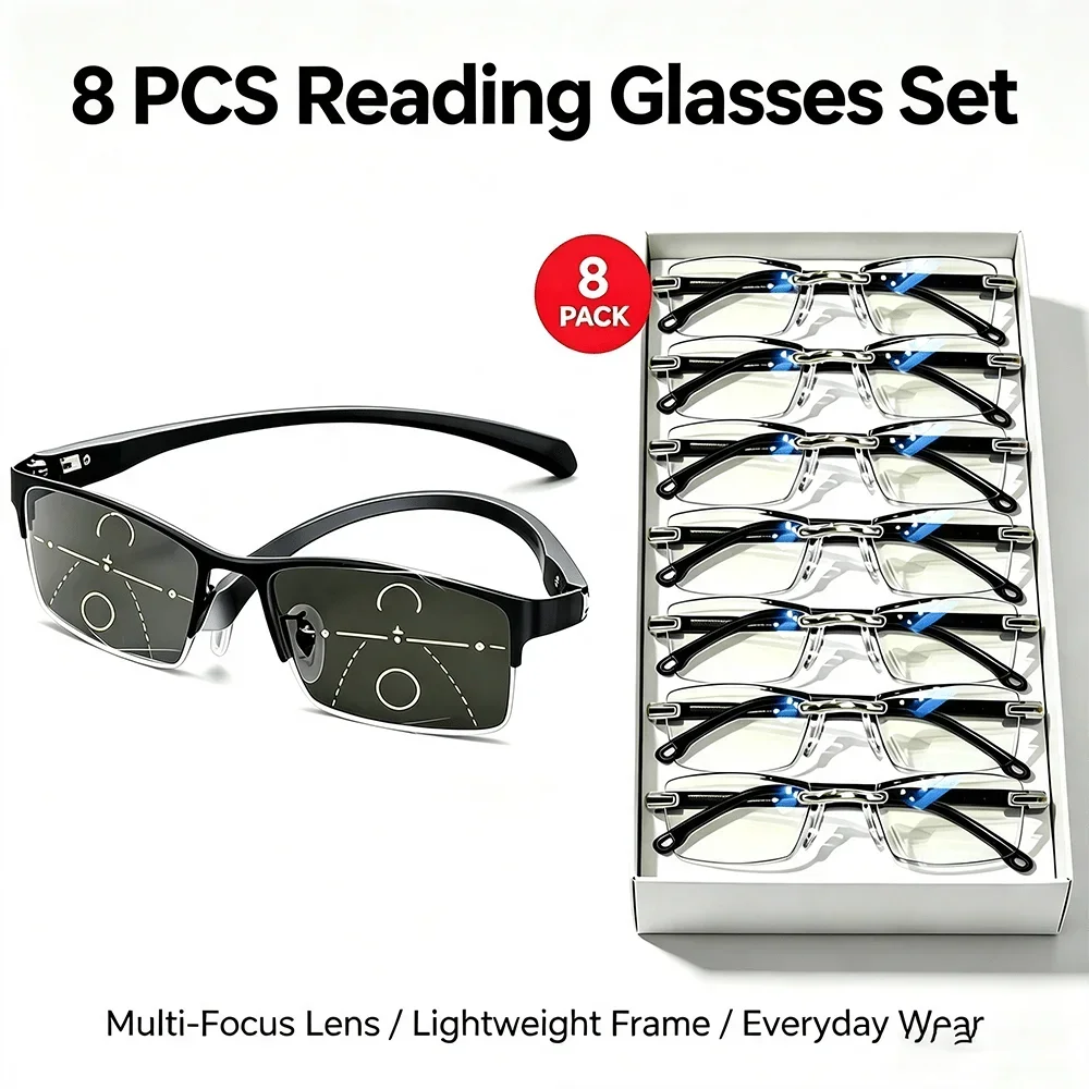 8-piece Set Men's Semi-non-prescription Glasses Set Transparent Lenses Lightweight and Fashionable Reading Glasses Office Daily Casual Wear, Random Colors