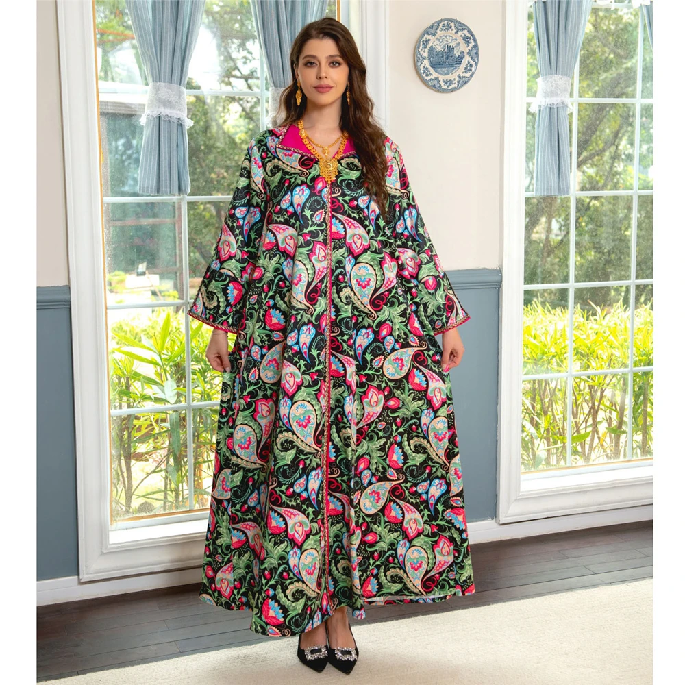 

Morocco Floral Print Abaya Muslim Women Diamonds Dresses Turkey Dubai Kaftan Islamic Party Jalabiya Arab Caftan Ramadan Vestidos