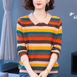 Spring Autumn New Multicolor Sweater Women POLO Collar Long Sleeve Fashion Pullovers Korean Style Striped Screw Thread Y2K Tops