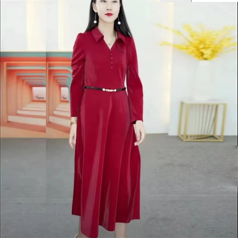 2022 Autumn Women's New Long-Sleeved Age-Reducing Shirt Collar Mid-Length Early Autumn Waist-Length Slimming Mother Dress Skirt