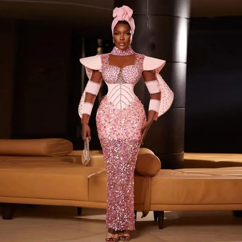 Aso Ebi Style Long Evening Gowns Ruched Satin Sleeves Women Formal Occasion Party Dress Saudi Arabia Pink Sequined Prom Dresses