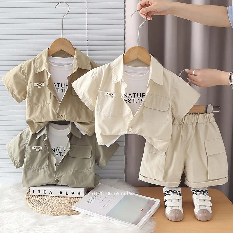 children's-sets-boys-summer-outfit-stripe-shirt-shorts-three-piece-infant-kids-casual-trendy
