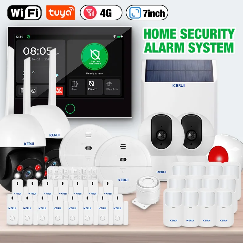 KERUI 4G WIFI Home Alarm System 7 inch Large Touch Screen Alarm Panel Tuya Smart Anti-theft Alarms Support FSK/ASK Sensor 433MHZ