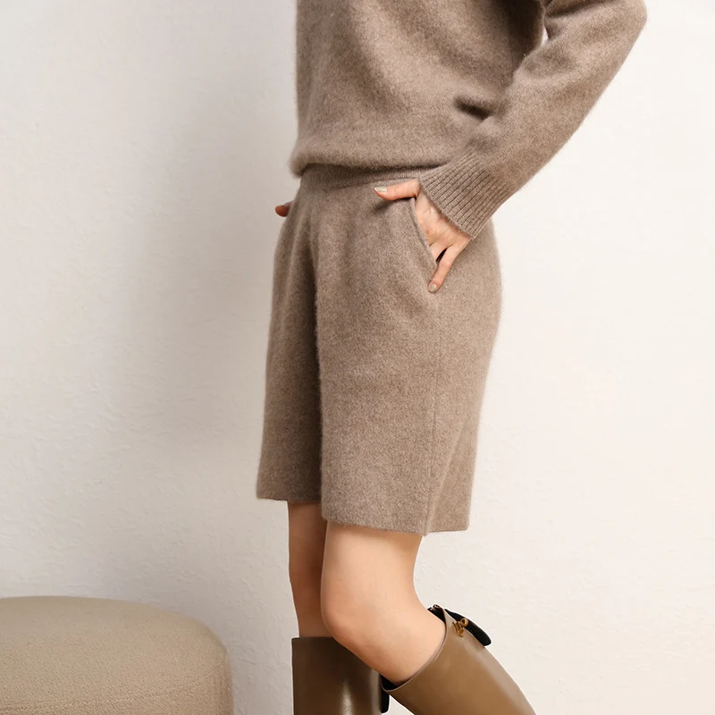 High Quality Fashion Suit Spring Autumn 100% Cashmere Knitted Thicken Sweater Women\'s Sweater And Short Pants Two-Piece Female