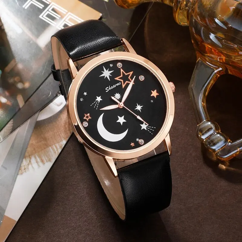 Women Fashion Watches Star Moon Round Dial Design Ladies Casual Simple Wrist Watch Luxury Bracelet Watch Clock Gifts