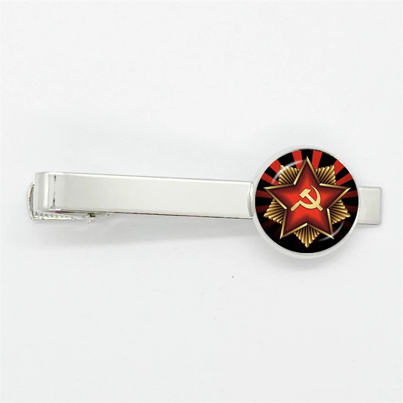 CCCP Soviet Russia Space Flight Universe USSR Soviet Communism Glass Tie Clip Silver Color  Tie Clips for Men Charm Jewelry Gift