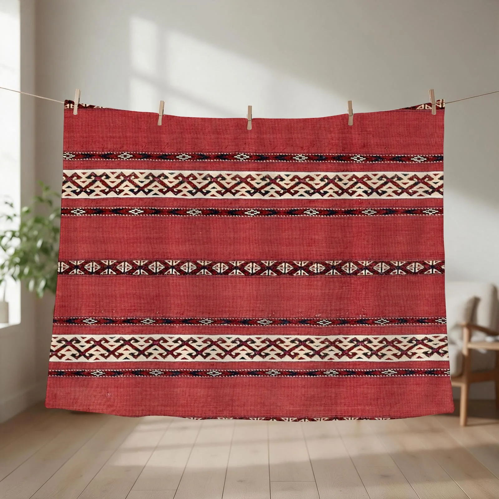 Triangle Stripe Kilim II 19th Century Authentic Colorful Picture of a Red Black and White Rug Throw Blanket