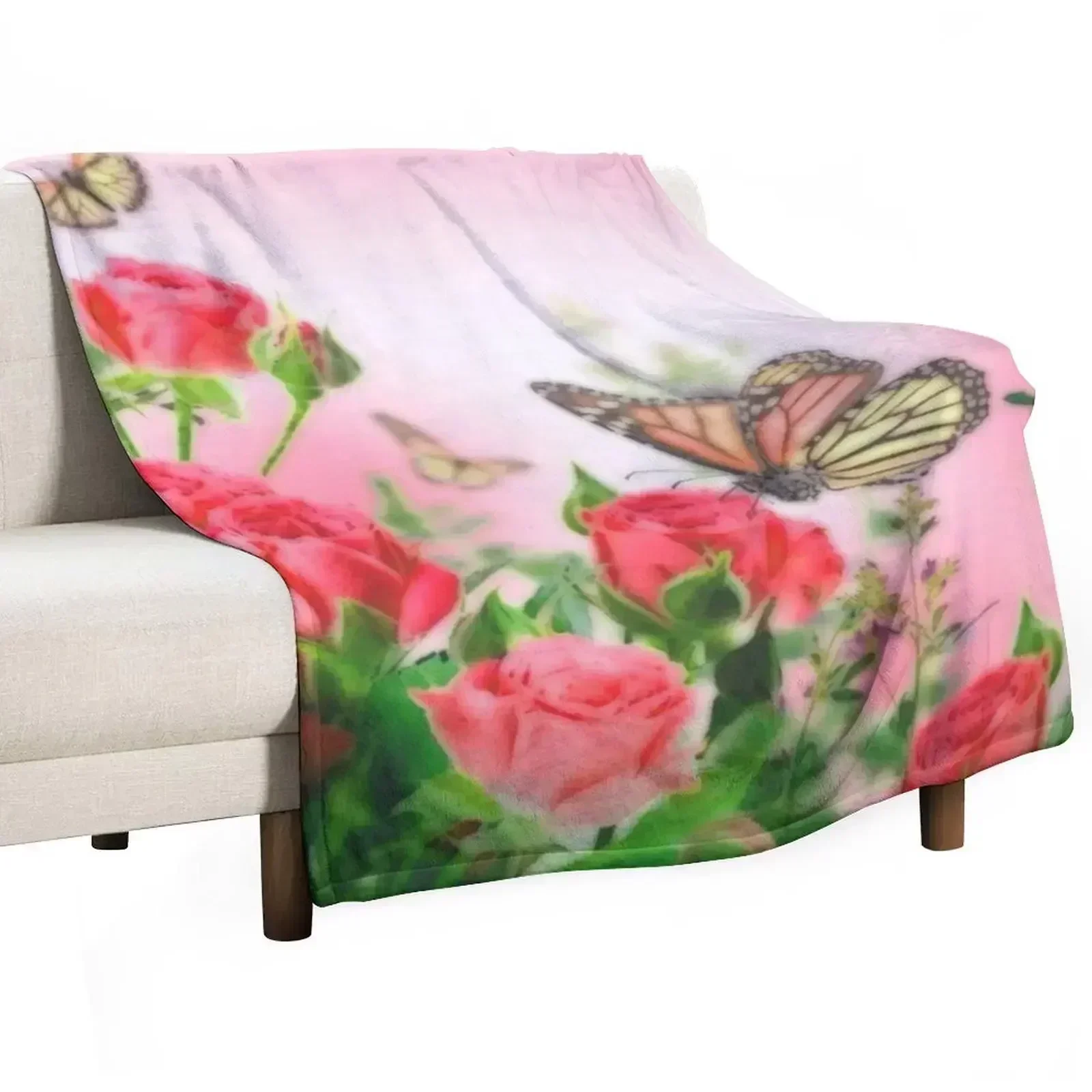 Butterflies and roses Throw Blanket Travel Size Cozy Blanket for Plane Train