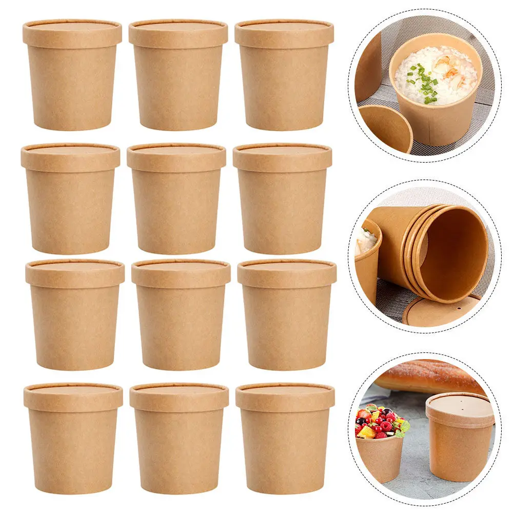 50Sets Disposable Kraft Soup Bowls with Lids Elegant Porridge Cups Transparent Mousse Cups for Soup Ice Cream Pudding Cake